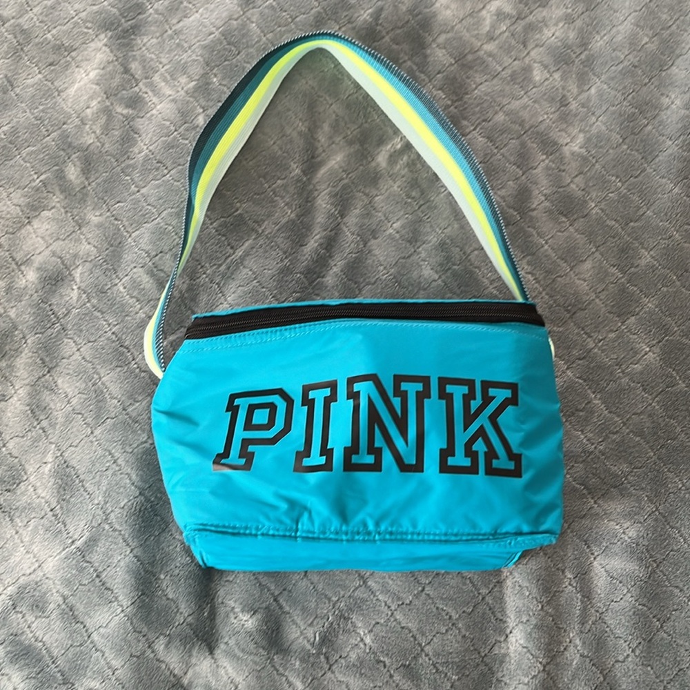 Victoria's Secret PINK Insulated Lunch Bag Teal Blue Striped Handle Cooler